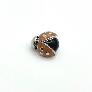 Peach Enamel Ladybug Brooch Pin Silver Tone Black Cabochon Crystal Accents